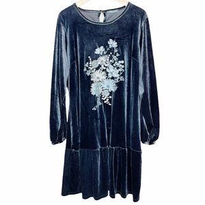 Lord Kitsch Blue Velvet Floral Embroidered Boho Long Sleeve Dress